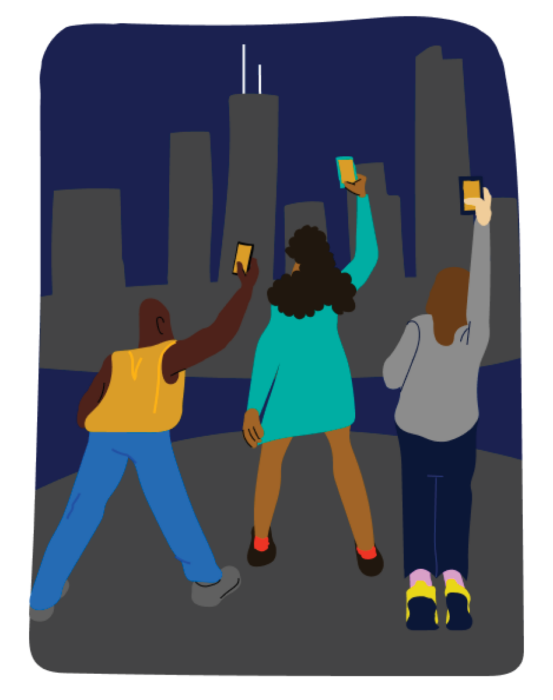 Graphic of three people holding mobile phones up to record against a  city skyline